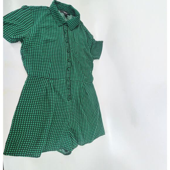 Forever 21 Houndstooth Button Down Shirt Romper Size Small Green Black Academia - Picture 4 of 8